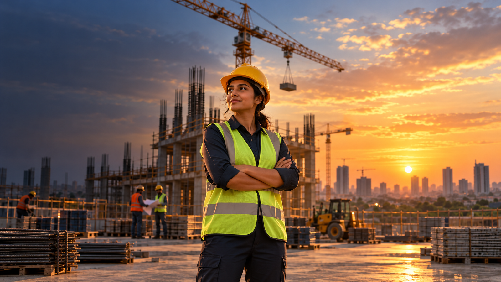 Female construction professional leading a modern workforce on a structured construction site at sunset