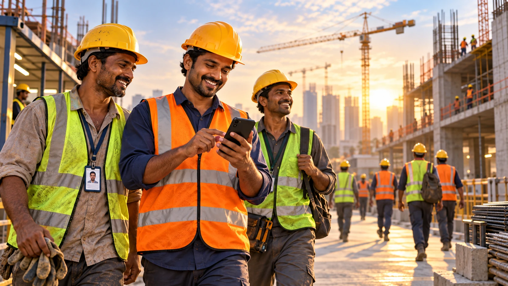 Construction workers using a mobile phone together at a modern construction site