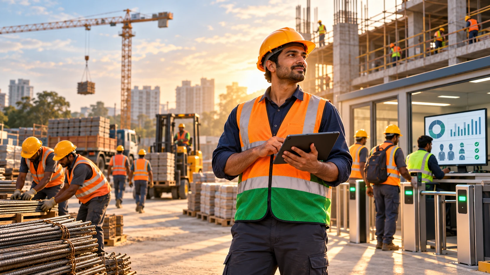 Construction manager using a tablet while an organised workforce works on site